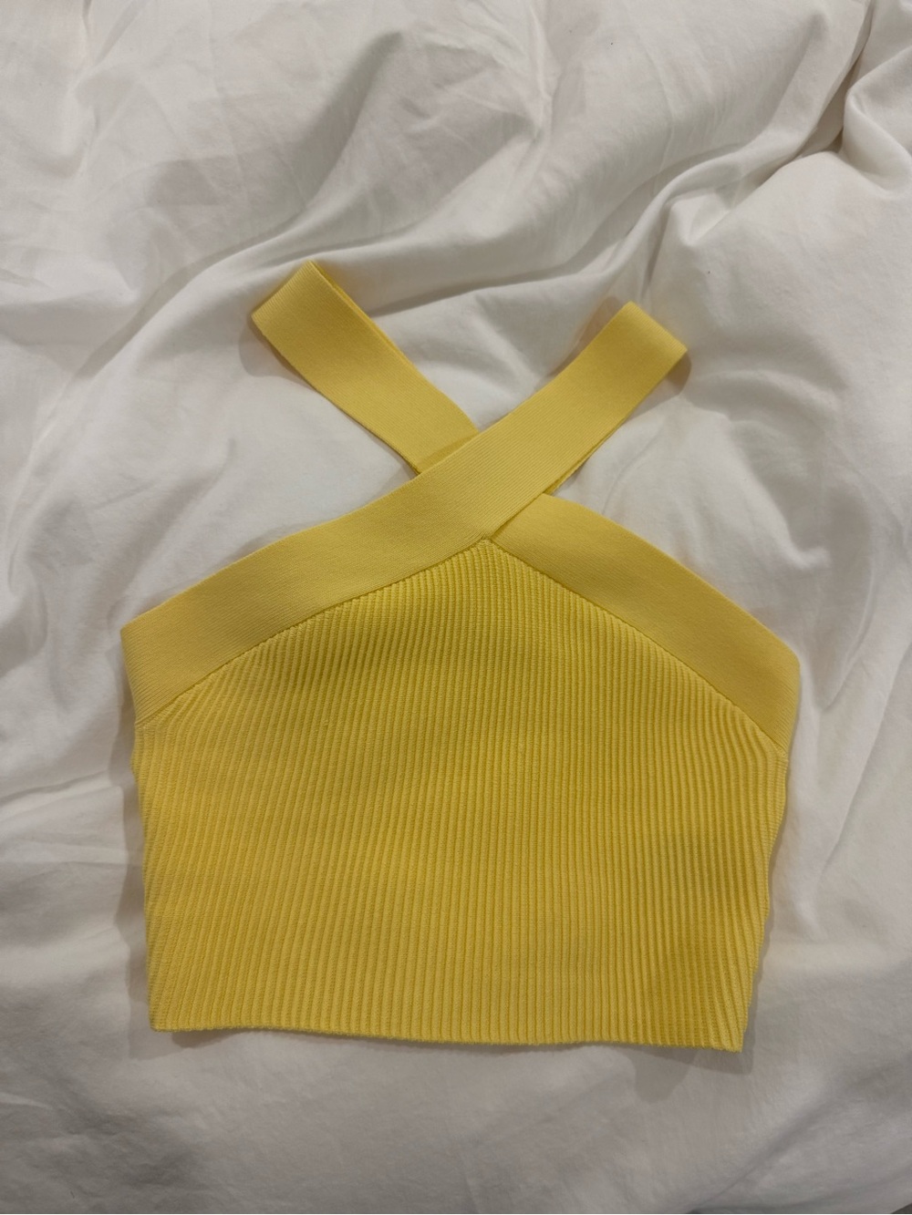 Babaton Sunny Yellow Ribbed Cross-Strap Crop Top